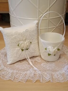 White Lace Wedding Ring Bearer Pillow and Flower Girl Basket Set